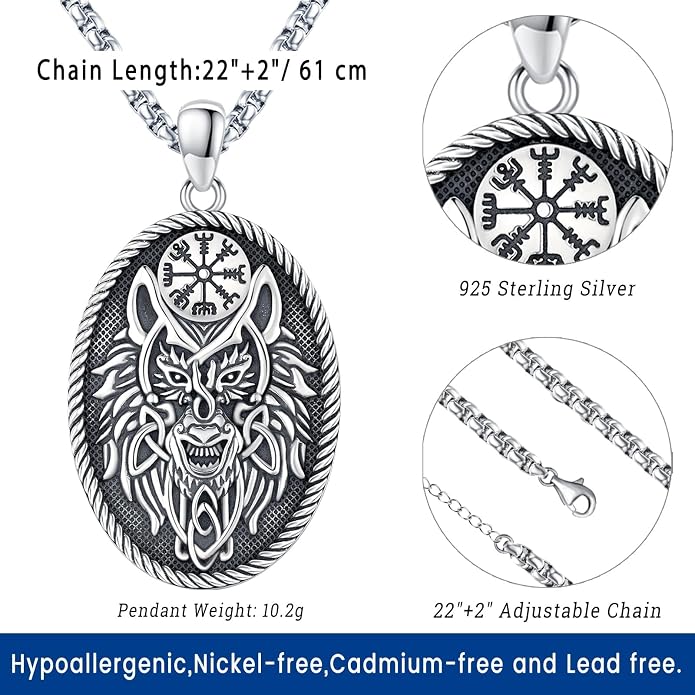 Eusense Viking Necklace for Men Women 925 Sterling Silver Pendant Thors Hammer/Norse Runes/Odin's Ravens/Wolf/Dragon/Snake/Yggdrasil/Freya/Helm of Awe/Valknut/Triskelion/Axe/Shield Viking Jewelry