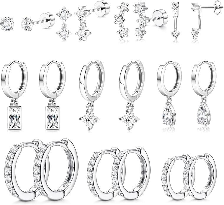 Stainless Steel Stud Earrings Set for Women Hypoallergenic Flat Back Cartilage Earrings Screw Back Huggie Hoop Earrings Multiple Piercing Cubic Zirconia Helix Tragus Jewelry