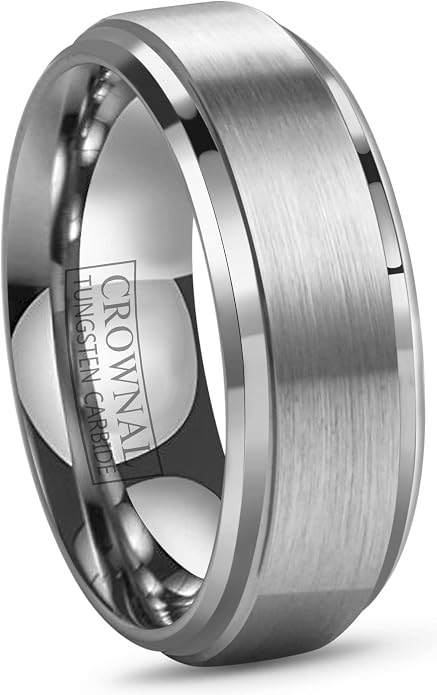 CROWNAL 6mm 8mm 10mm Tungsten Wedding Band Ring Men Women Polished Beveled Edge Matte Brushed Finish Center Silver/Rose Gold Tone Comfort Fit Size 5 to 17