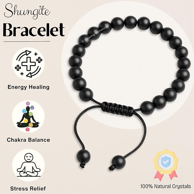 Amazing Gemstone Shungite Bracelet, Gifts for Men & Women - Protection Healing Crystal Bracelet - 8mm Gemstone Beaded Adjustable Bracelet, Pulseras para Hombres Mujer Stocking Stuffers