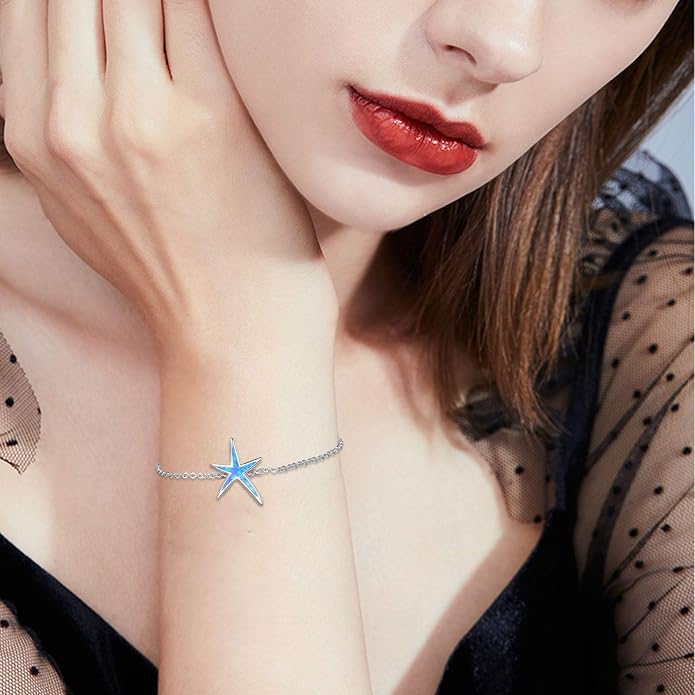 Cuoka Starfish Bracelet 925 Sterling Silver with White Fire Opal Chain Bracelets Ocean Jewelry Birthday For Women