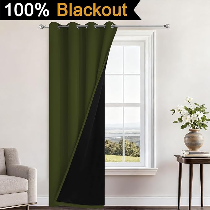 Yakamok Olive Green 100% Blackout Curtains 96 Inches Long 52" Wide 1 Panel | Blackout Curtain Panels for Bedroom, 2 Thick Layers Grommet Top Thermal Insulated Drapes with Black Liner for Living Room