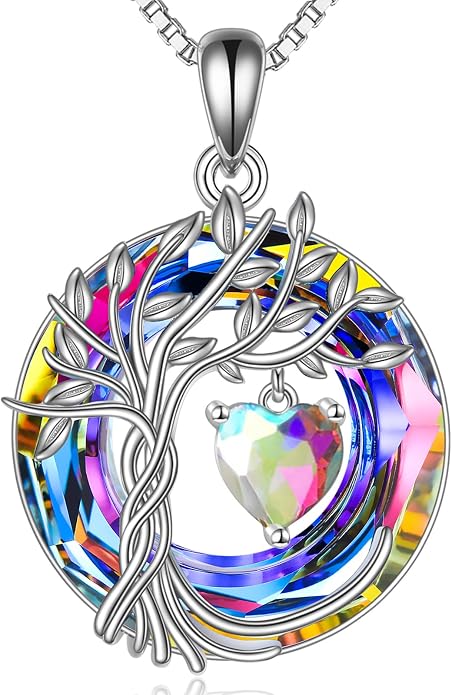 POPLYKE Mothers Day Gifts for Mom Her Wife Tree of Life Necklace 925 Sterling Silver Birthstone Pendant with Crystal Anniversary Birthday Wedding Jewelry for Women