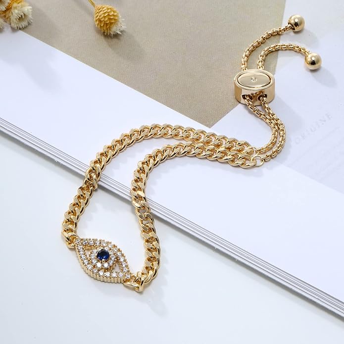 Apsvo Evil Eye Bracelet, Sideway Cross Bracelet, Silver 14K Gold Plated Bracelet for Women Adjustable Slide Chain Jewelry