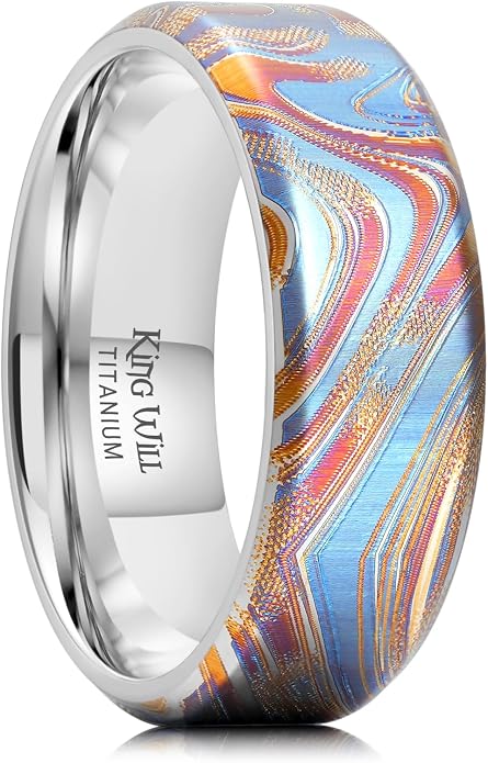 King Will Titanium Wedding Ring for Men Women, 8mm Width Gold/Silver Wedding Band with Unique Random Laser Textured and Multi-Color Laser Engraved Titanium Ring Comfort Fit and Durable Size 8-12