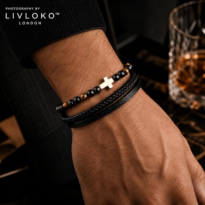 LONDON Mens Bracelet Leather Black Multi-Layer Stone Beads Adjustable Steel Clasp Viking Rope Bands Surfer Man Wristband Male UK Jewellery Gift box Boyfriend Dad Son Brother Tiger Eye