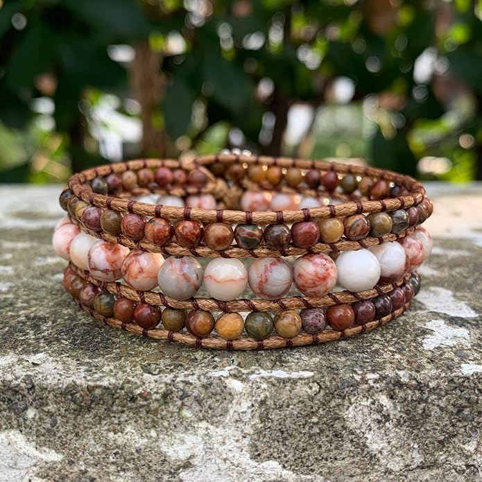 YGLINE Boho Handmade Natural Stone Bead 3 Row Wide Wrap Wrist Statment Bracelet Jewelry Collection