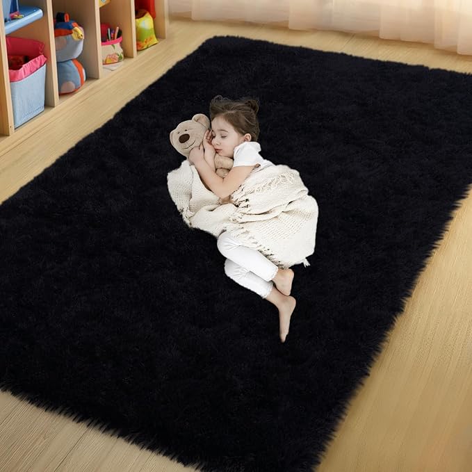 qulint Black Area Rug for Living Room, 4x6 Fluffy Rug for Bedroom Boys Room | Soft Shag Small Carpet for Nursery, Fuzzy Plush Shaggy Modern Rug for Dorm Kid Room Classroom Home Decor