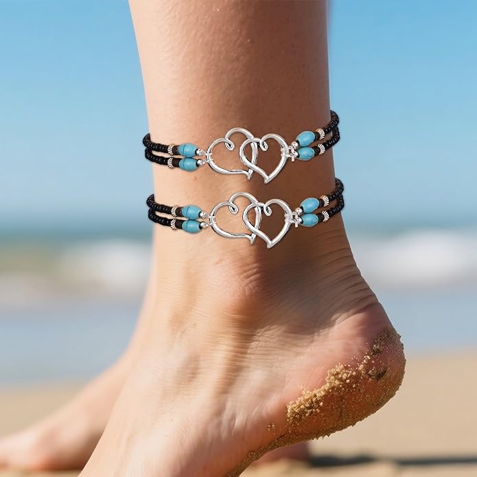 2PC Ankle Bracelets for Women Beaded Heart Ankle Bracelet Waterproof Bohemian Big Plus Size Anklets Summer Beach Accessories Boho Jewelry