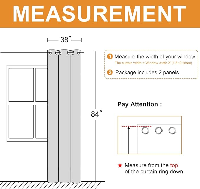 Hiasan Blackout Curtains for Bedroom, 38 x 84 Inches Long - Thermal Insulated & Light Blocking Window Curtains for Living Room, 2 Drape Panels Sewn with Tiebacks, Light Grey