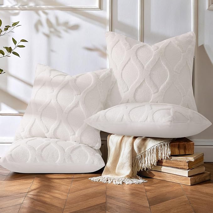 decorUhome Set of 4 Faux Fur Cream White Throw Pillow Covers 20x20 | Neutral Decorative Soft Plush Couch Pillow Covers, Farmhouse Pillow Cases for Living Room Bed Sofa