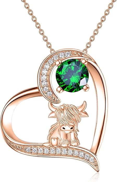 Highland Cow Gifts for Women 925 Sterling Silver Highland Cow Birthstone Necklace Fluffy Cow Jewelry Gifts Birthday Christmas