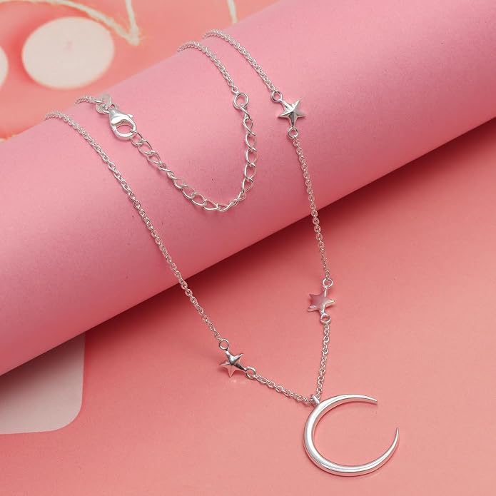 LeCalla 925 Sterling Silver Pendant Necklace | Crescent Moon and Star Necklace Jewelry | Handmade Charm Pendant Necklace for Women | Adjustable Chain Necklace Gifts for Women Valentine s Day, Mother s Day