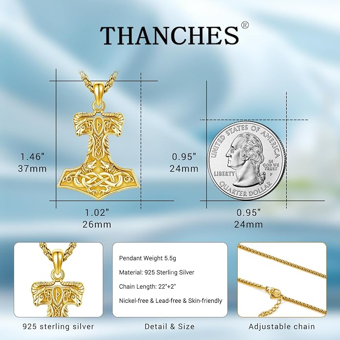 Viking Thor's Hammer Necklace for Men Women, S925 Sterling Silver Vintage Norse Talisman Mjolnir Necklace Amulet Pendant Jewelry Gifts with Sturdy Box Chain