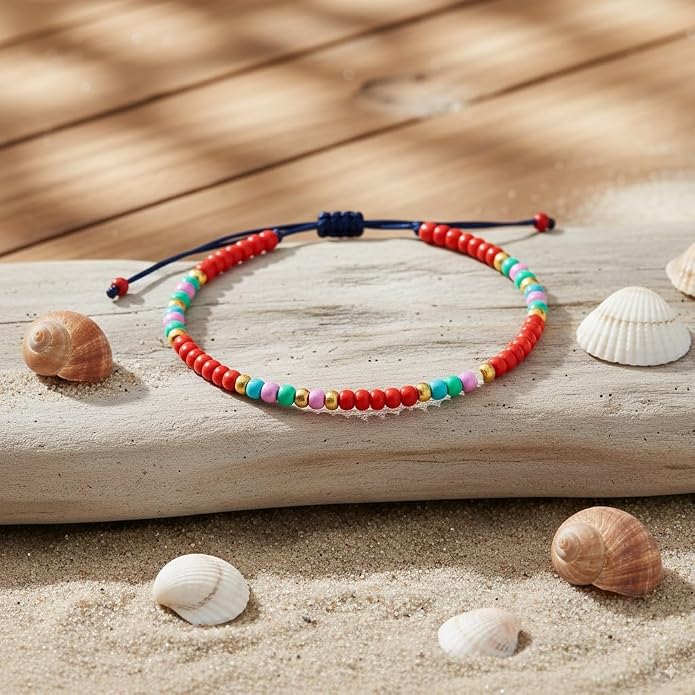 Anklets for Women, Handmade Colorful Beaded Adjustable Gemstone Anklet, Colorful Small Beads Hippie Foot Jewelry, Ankle Bracelet, Boho Style Waterproof, Gift Set with Box & Ribbon