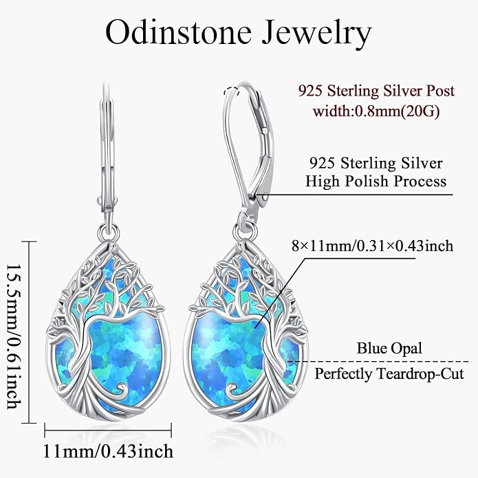 Odinstone 925 Sterling Silver Earrings Tree of Life Teardrop Moonstone Dangle Drop Leverback Earrings for Women