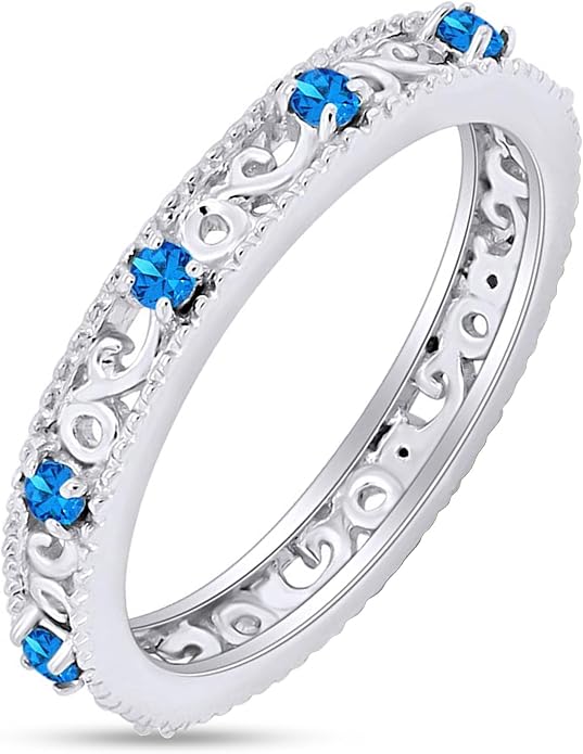 Jewel Zone US Filigree Eternity Wedding Band Ring for Women, Round Cut Simulated Gemstone Stackable Promise Ring in 14K Gold Plated 925 Sterling Silver Band Width 3.5mm – Elegant Jewelry for Her