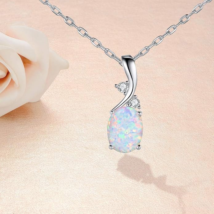 VOLUKA Created Opal/Amethyst/Mystic Topaz Pendant Necklace for Women,18K White/Rose Gold Plated Chain Wedding Engagement Jewelry Gift