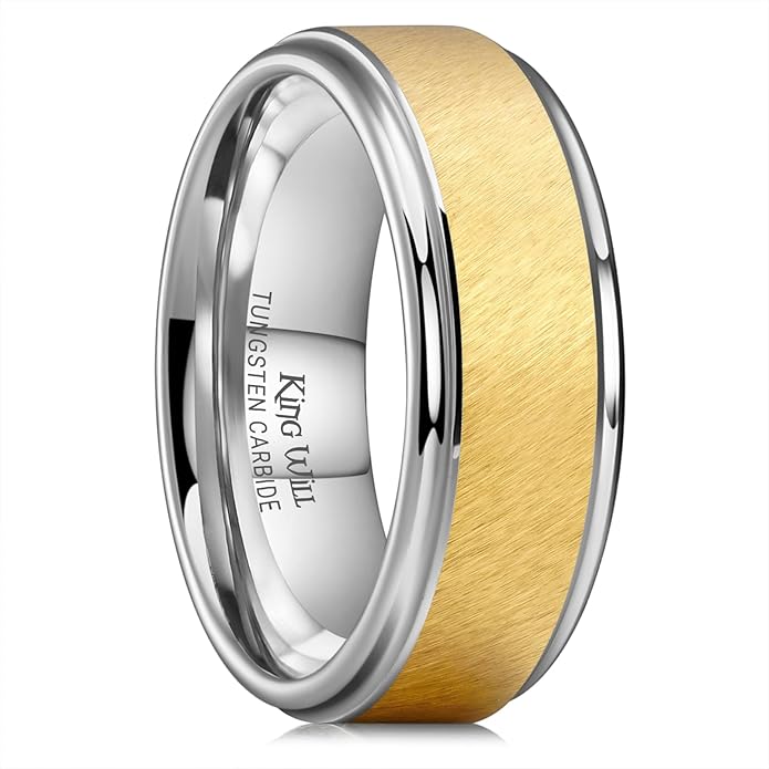King Will Classic Tungsten Carbide Ring Brushed Two Grooved Center Hammered Design Mens Wedding Band for Men