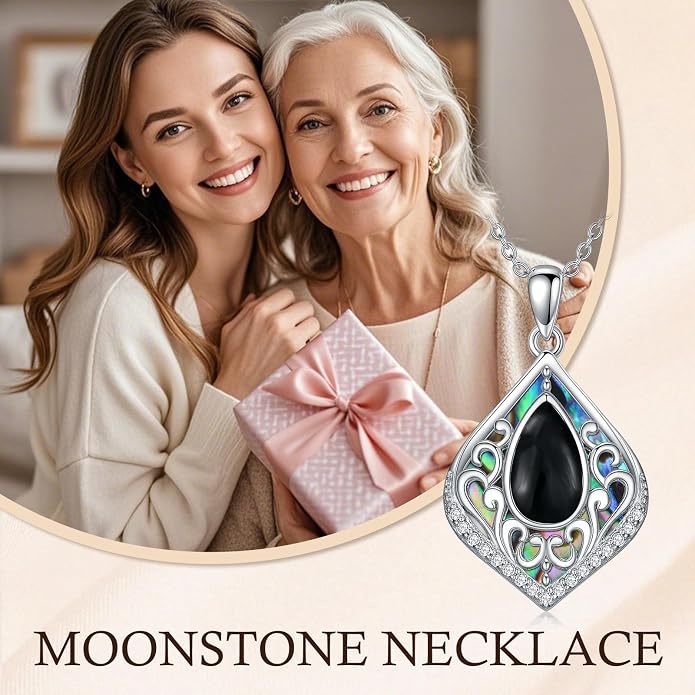 HPQQ Filigree Gemstone Necklace 925 Sterling Silver Teardrop Bohemian Necklace Abalone Shell Jewelry Birthday Gifts for Women