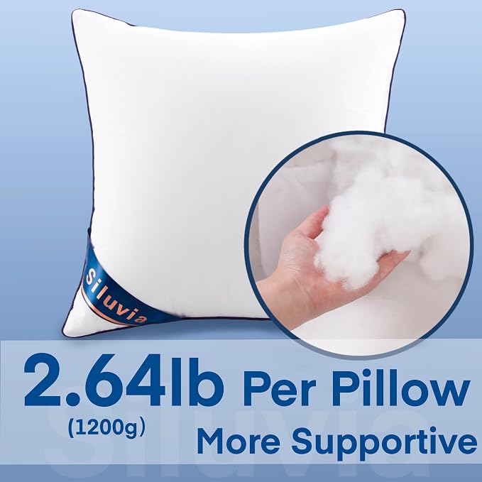Siluvia 24x24 Pillow Inserts Set of 2 Square Throw 24 Euro Pillows with 100% Cotton Cover for Sofa, Couch, and Bed - White | 100% pure cotton cover, soft and breathable