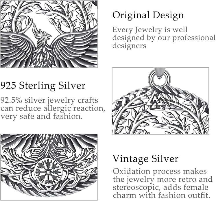 925 Sterling Silver Viking Wolf Mjolnir Necklace for Men Women, Viking Runes Wolf Tooth Witch Celtic Knot Amulet Protection Pendant Nordic Norse Mythology Jewelry Gift for Men Women