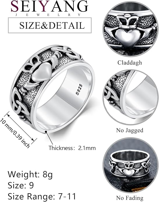 Seiyang Claddagh Ring 925 Sterling Silver Celtic Ring Jewelry Irish Band Gift for Men Women (with Gift Box)