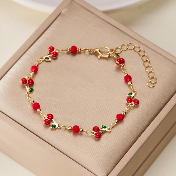 Cherry Bracelet for Women Gold Evil Eye Link Bracelet Dainty Flower Daisy Bracelets Pearl Butterfly Heart Charm Bracelets Adjustable Summer Beach Jewelry