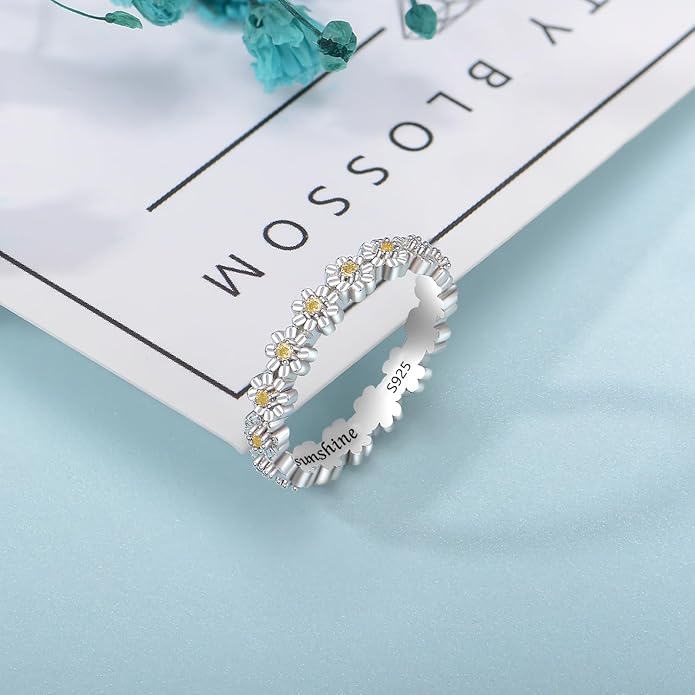 925 Sterling Silver Dainty Daisy Butterfly Paw Heart Eternity Rings Blue Flower Finger Rings for Women Stacking Promise Rings Gift Jewelry