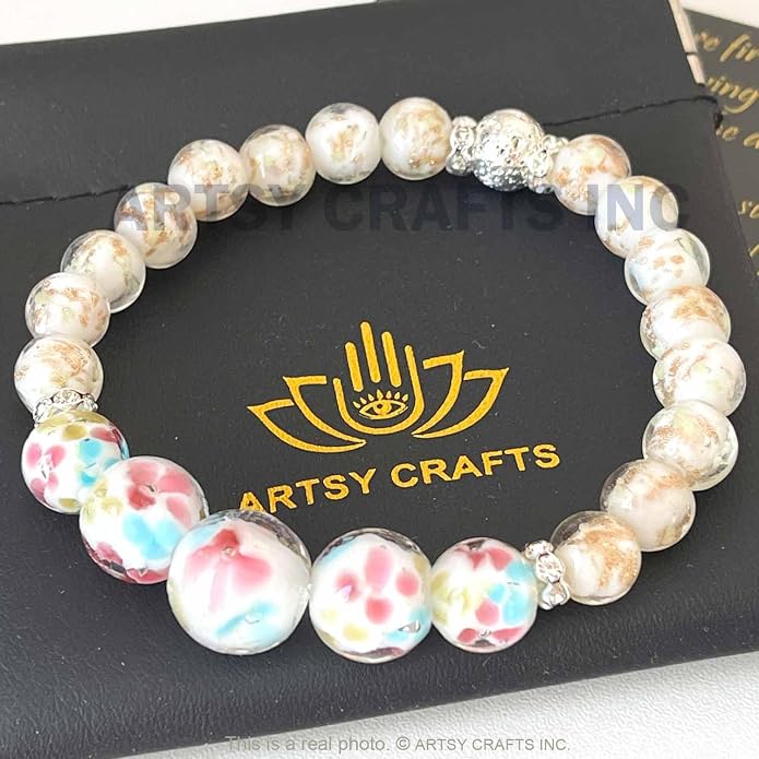 ARTSY Crafts Lily Garden Glow in the Dark Firefly Bead Bracelets Necklaces, Handmade in USA Murano Glass Jewelry, Flower Luminous Beads Mermaid Crystal Bracelet Bangle