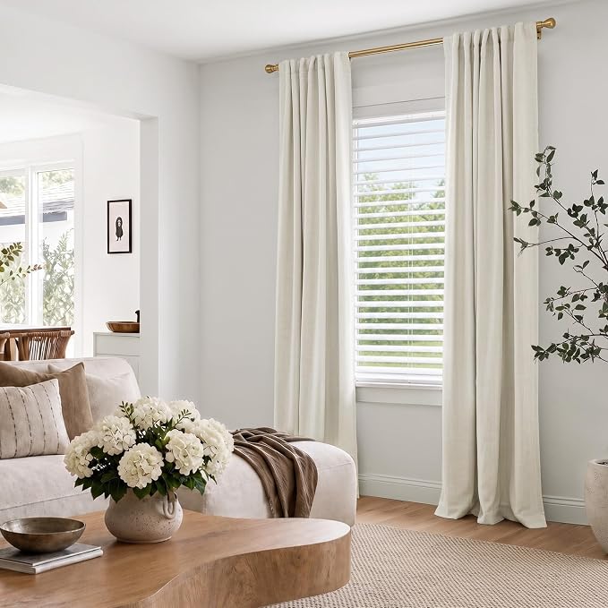 INOVADAY 100% Blackout Curtains 84 Inches Length 2 Panels Set, Back Tab/Rod Pocket Linen Black Out Curtains for Bedroom, Thermal Insulated Window Drapes - Beige White, W50 X L84