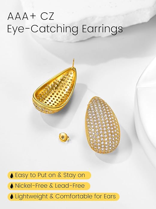 KeyStyle Chunky Gold Hoop Earrings for Women Trendy, Stainless Steel TearDrop Hoops Earring, Lightweight Water Drop Ear Jewerly