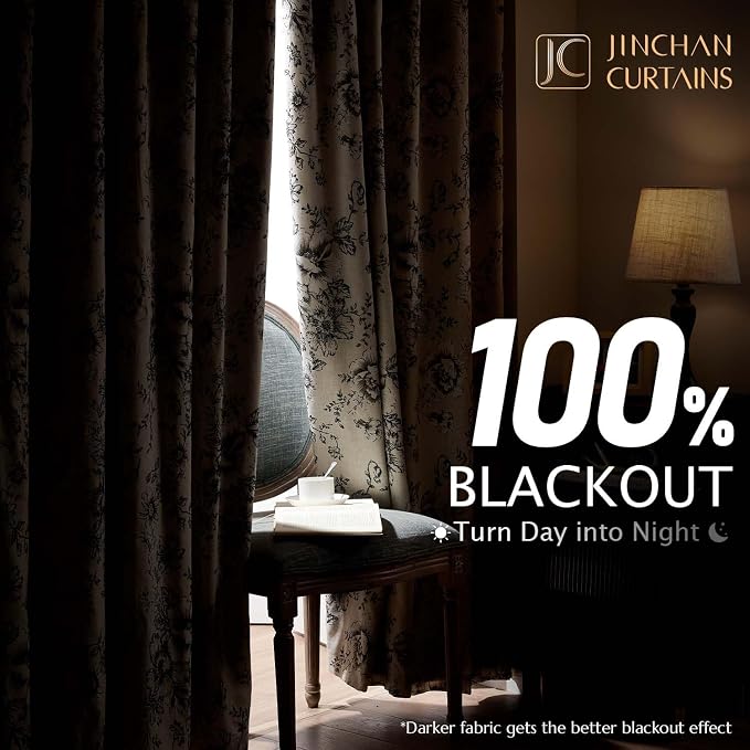 jinchan Black Floral Linen Blackout Curtains 63 Inch Back Tab 2 Panels | Blackout lining, room darkening drapes, farmhouse, vintage, cottagecore, rustic, bedroom, living room, window treatment