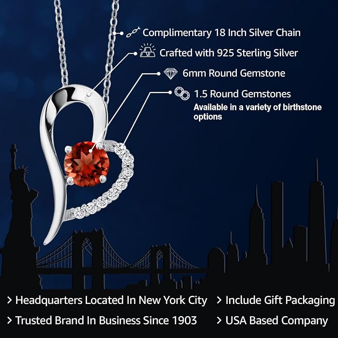 Gem Stone King Heart Shape Pendant Necklace For Women | 925 Sterling Silver | 6MM Round Gemstone Birthstone | Heart Necklace For Women | With 18 Inch Silver Chain