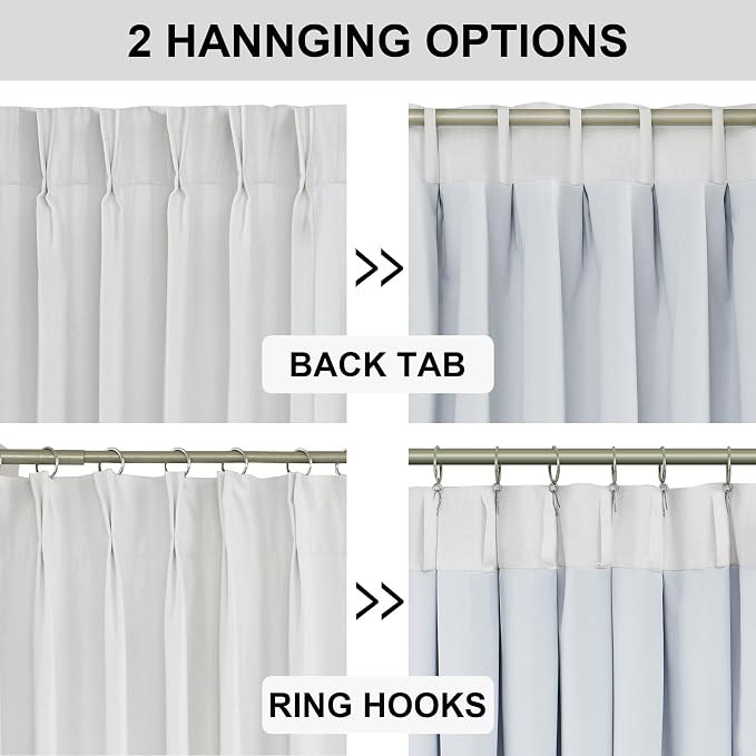 Vision Home White Pinch Pleated Full Blackout Curtains Thermal Insulated Window Curtains 102 inch for Living Room Bedroom Room Darkening Pinch Pleat Drapes with Hooks Back Tab 2 Panel 102" Lx40 W