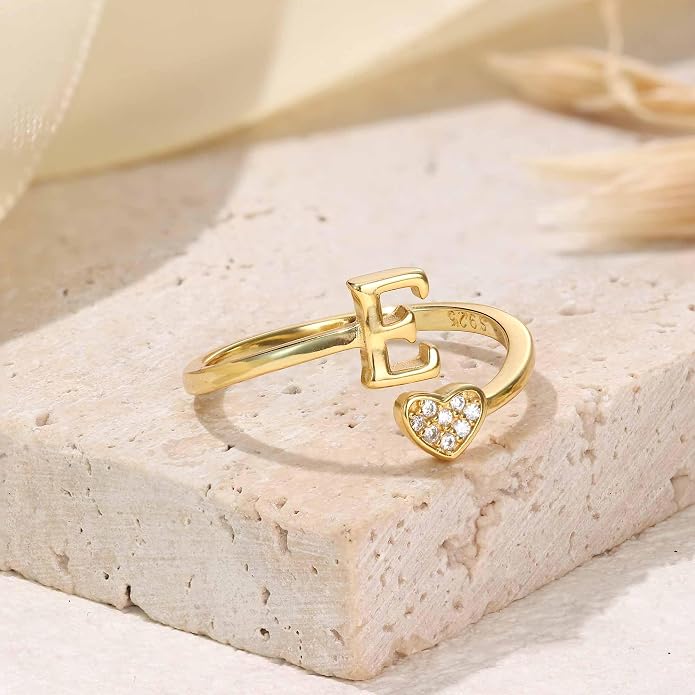 MILACOLATO 925 Sterling Silver Initial Rings for Women Teen Girl 18K Gold Plated Heart Initial Rings Adjustable Capital Letter Ring Stackable Thumb Pinky Rings for Daughter Birthday Bridesmaid Gifts Jewelry, A to Z