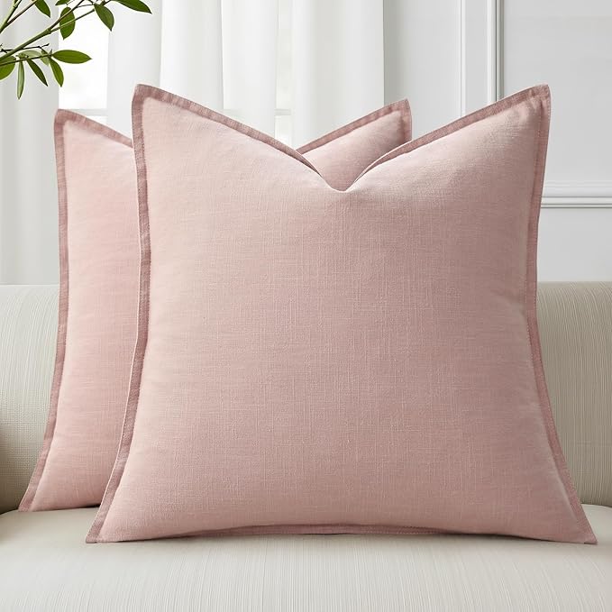 decorUhome Fall Pink Linen Throw Pillow Covers 16x16 Set of 2 | Decorative Soft Cozy Modern Farmhouse Boho Accent Pillow Cases with Flange Edges for Couch Bed Sofa Living Room Home Decor