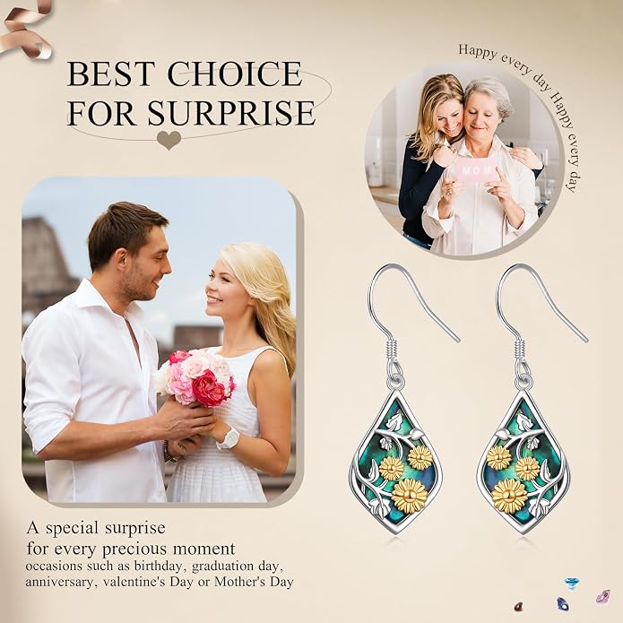 Sunflower Earrings for Women 925 Sterling Silver Dangle Earrings | Hypoallergenic Fishhook, Natural Abalone Shell, 18k Gold Plated Sunflower, Dangle Drop Earrings, Jewelry Gift for Graduation