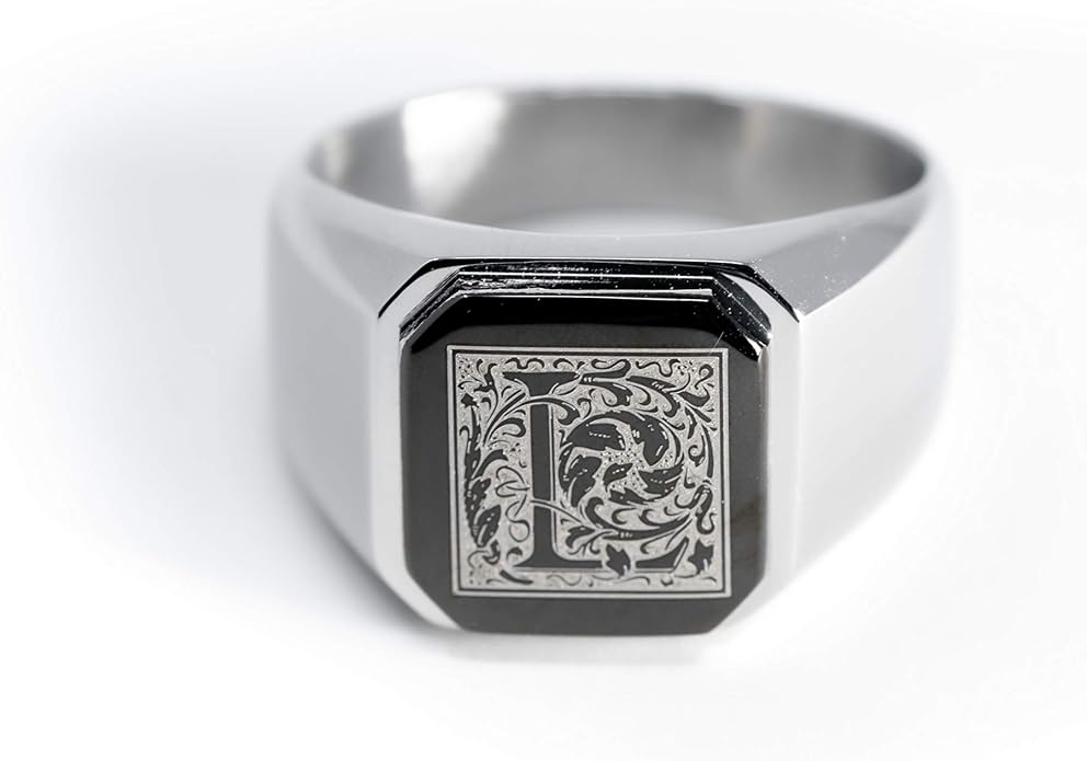Jewelry | Stainless Steel Letter Alphabet Initial Ring | Square Flat Top Ring for Men & Women | Stainless Steel Jewelry, (Black, Gold, Silver), Size 7-16
