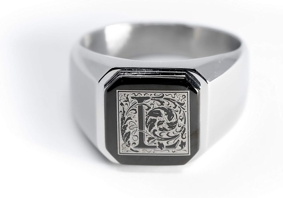 Jewelry | Stainless Steel Letter Alphabet Initial Ring | Square Flat Top Ring for Men & Women | Stainless Steel Jewelry, (Black, Gold, Silver), Size 7-16