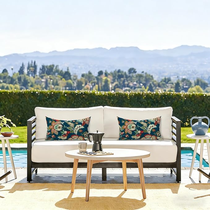 LVTXIII Set of 2 Patio Lumbar Pillows, 12" x 20" Fade Resistant Outdoor Lumbar Pillow with Inners, Fluffy Decorative Garden Lumbar Cushions for Home Patio Coach Sofa Use, Peacock Blue