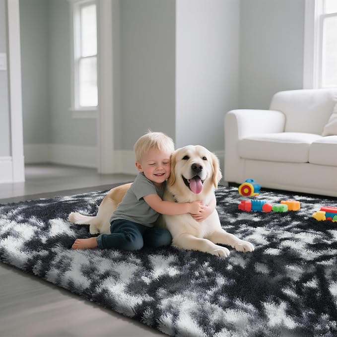 Fluffy Rug Shag Area Rug, Mottling Black 3x5 Area Rugs for Bedroom, Small Bedside Rug, Soft Fluffy Shag Entryway Throw Rugs for Living Room Bedroom Room Home Decor