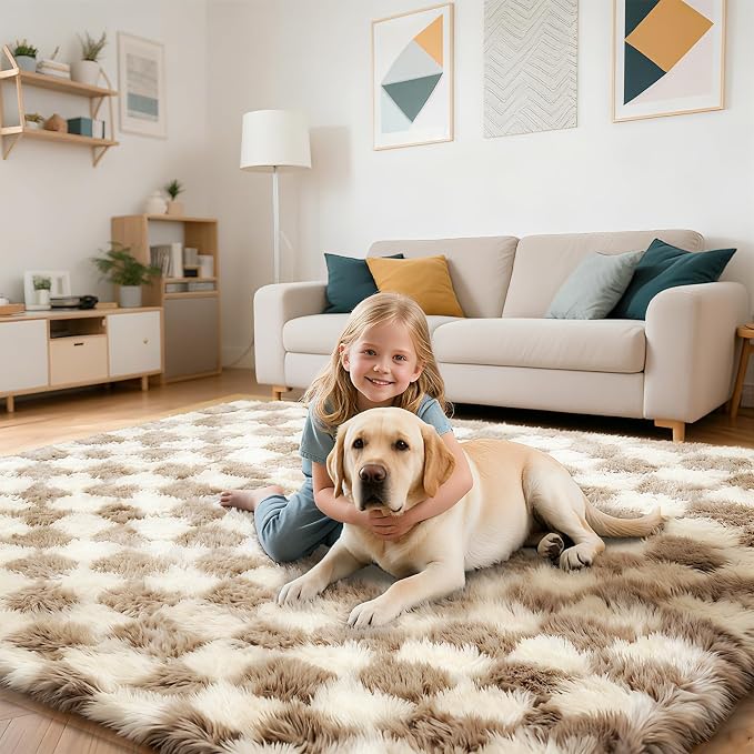 Checkered Rug for Living Room, 8x10 Beige and White Area Rugs, Classic Checkered Carpets Shag Area Rug, Bedside Rugs for Living Room Bedroom Room Home Decor