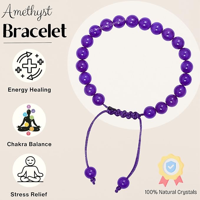 Amazing Gemstone Amethyst Bracelet for Women Men's Gifts - Protection Healing Crystal Bracelet - 8mm Gemstone Beaded Adjustable Bracelet Pulseras para Hombres Mujer Stocking Stuffers