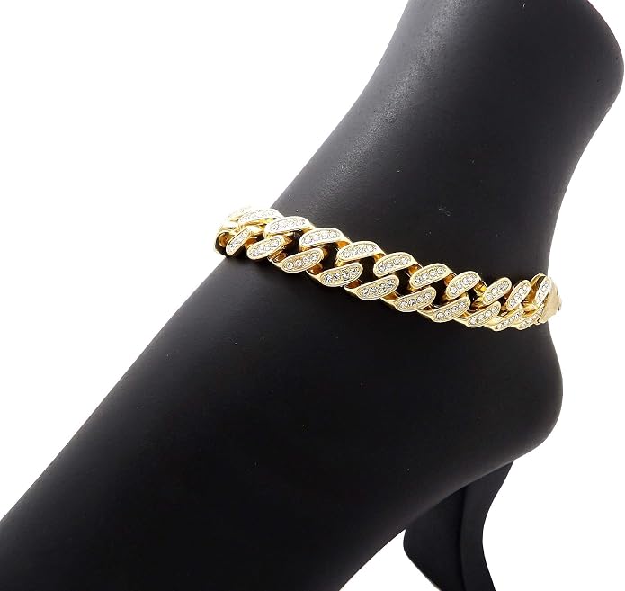 Fashion 21 Women's Stone Filled 12mm 9.5" Box Lock Cuban Chain Anklet (12mm 12" Stone Filled/Lobster Clasp)