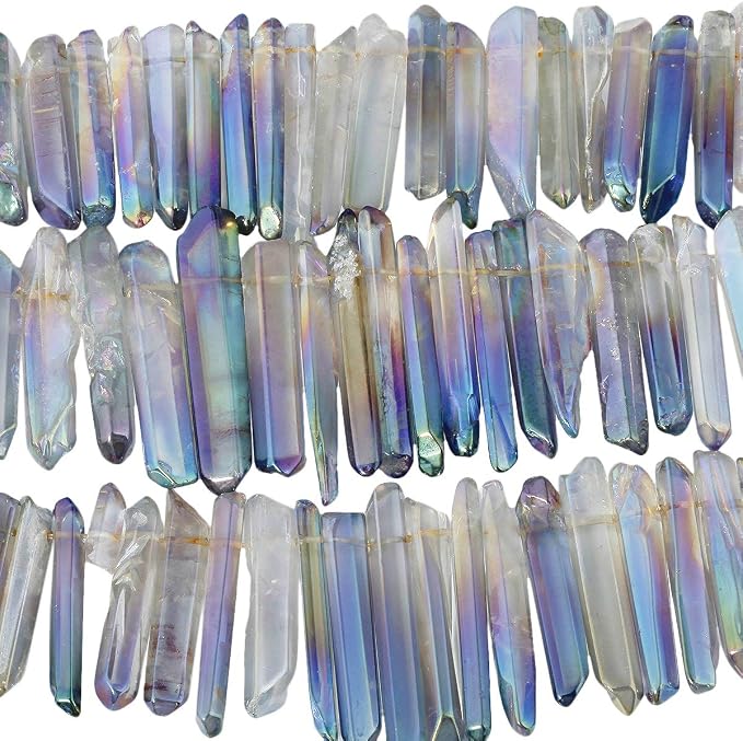 TUMBEELLUWA Rock Quartz Crystal Points Loose Beads for Jewelry Making, Titanium Coated Polished/Raw Quartz Beads 15 Inches Top Drilled,Grey Crystal Points(0.5"-1.6")