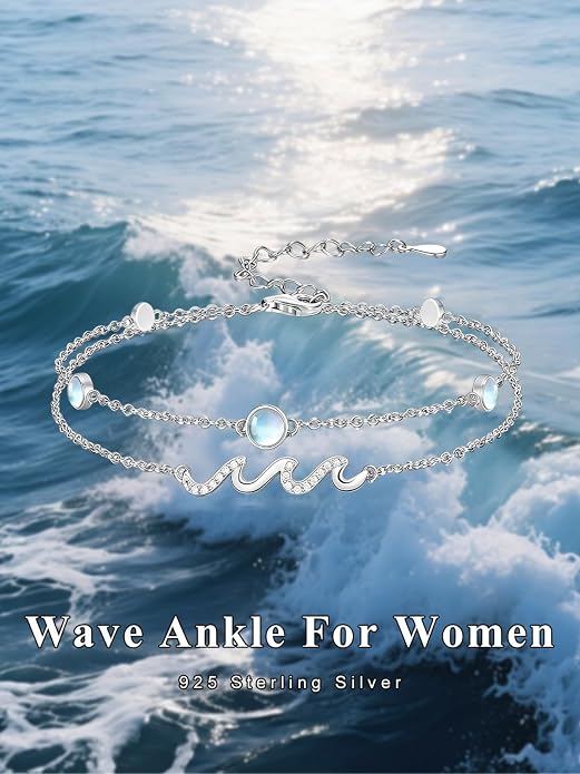 Wave/Dolphin Bracelet/Sea Turtles Anklet 925 Sterling Silver Adjustable Moonstone Bracelet/Anklet Summer Ocean Jewelry Gifts for Women