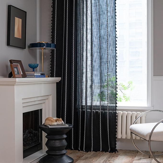 ColorBird Black Linen-Textured Boho Curtains 84 Inches Long for Bedroom Living Room 2 Panels Linen Curtain & Drape Room Darkening Embroidered Striped Window Treatment