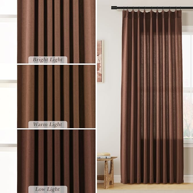 Aersas Rustic Brown Pinch Pleated Linen Curtains 90 Inch Length 2 Panels for Living Room Bedroom Semi Sheer Window Curtain Boho Neutral Back Tab Pinch Pleat Drape with Hooks 40x90