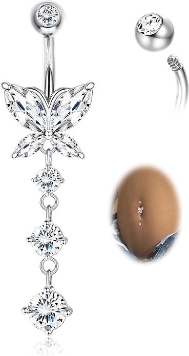 ZELORES 925 Sterling Silver 14G Dangle Belly Button Rings Barbell Belly Rings CZ Opal Belly Body Piercing Jewelry for Women